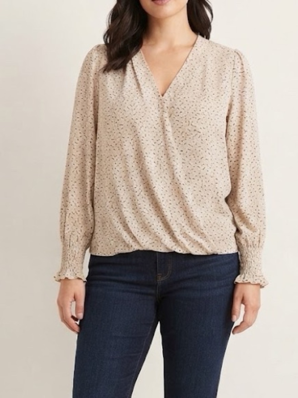 Adrianna Papell Faux Wrap V-Neck Blouse Cream Abstract Print Size Large